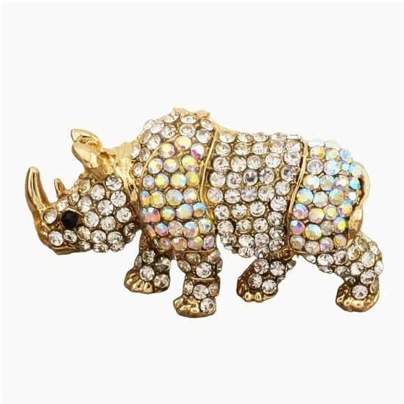 Betsey Johnson Iridescent Crystal Rhino Brooch Gold Tone - Picture 1 of 2